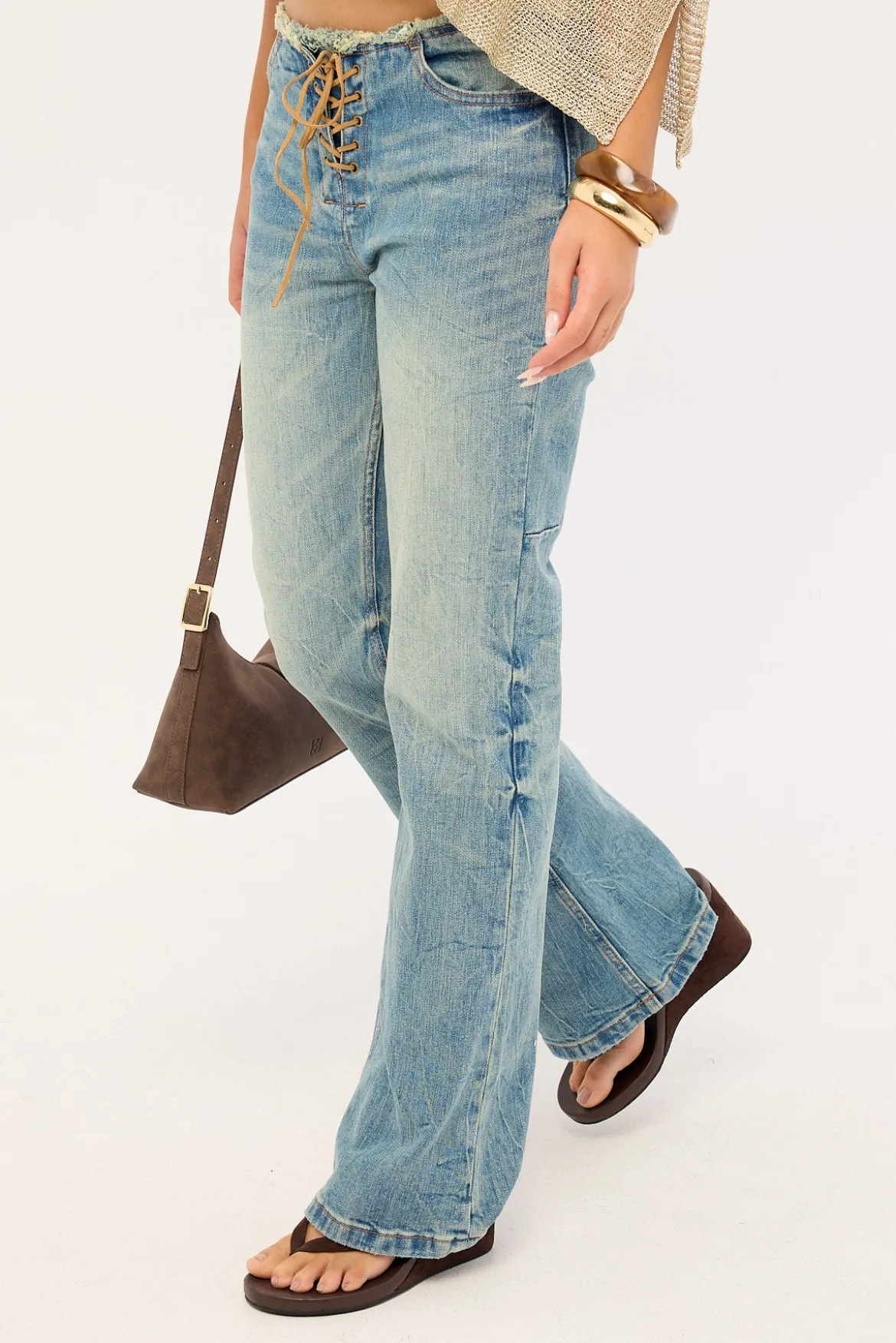 Cammie Low Rise Lace Up Jean Dirty Crinkle Blue