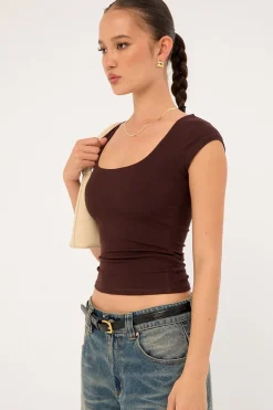 Cap Sleeve Scoop T-Shirt Brown