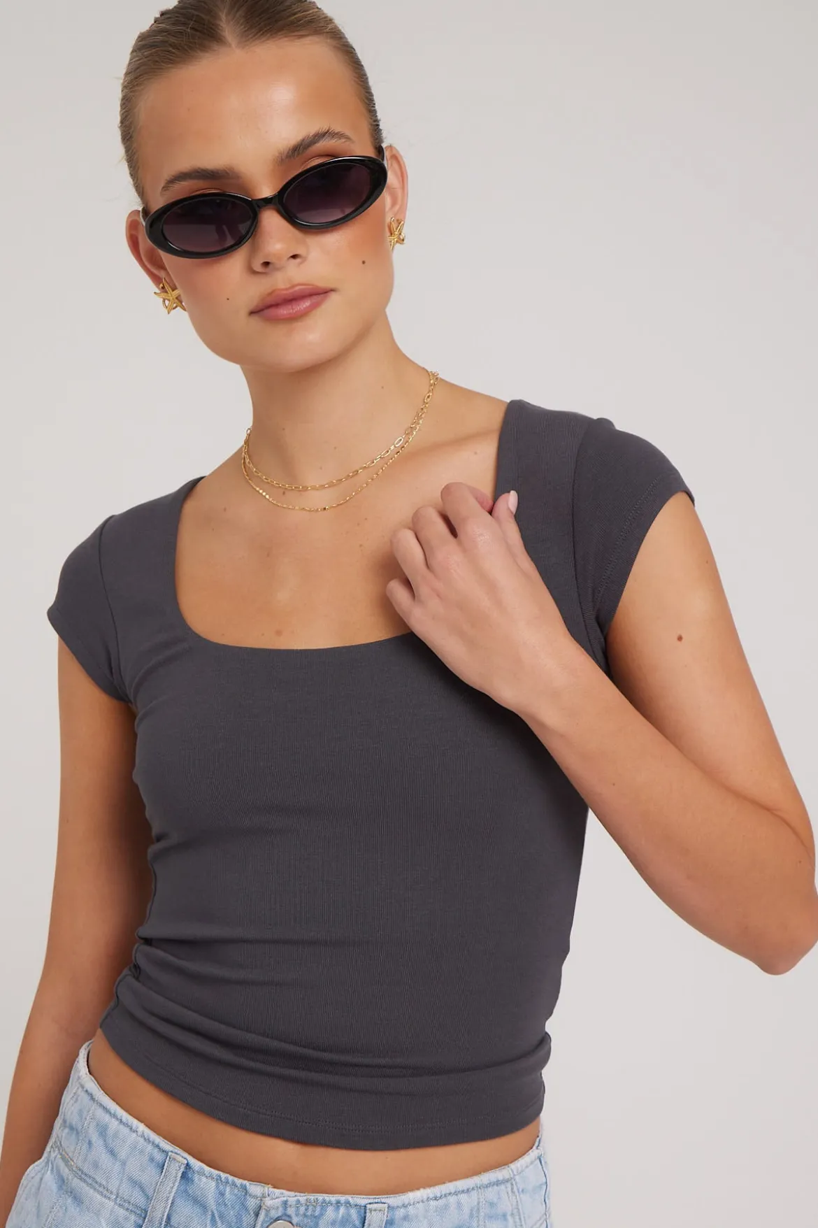 Cap Sleeve Scoop T-Shirt Charcoal