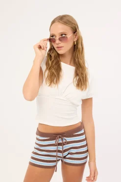 Capri Crochet Stripe Knit Shorts Blue Stripe