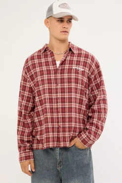 Cast Check Oversized Long Sleeve Shirt Red Check
