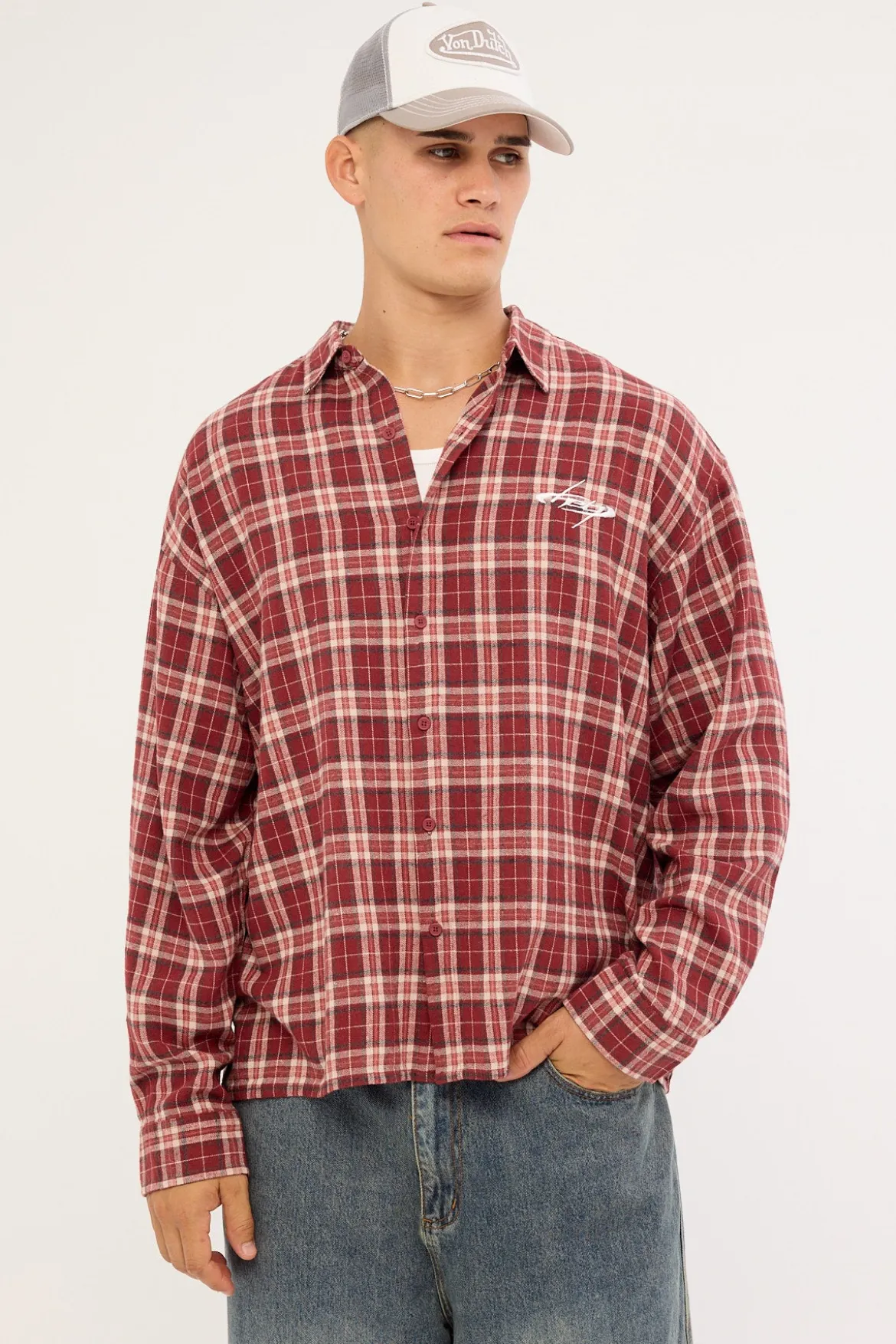 Cast Check Oversized Long Sleeve Shirt Red Check