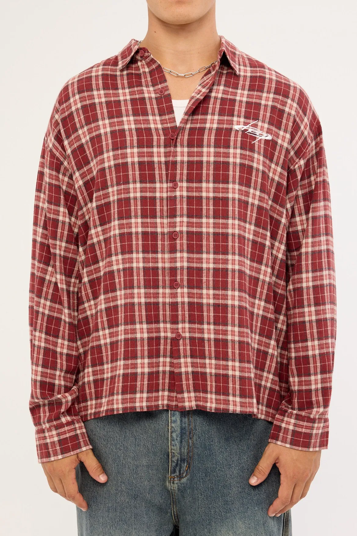 Cast Check Oversized Long Sleeve Shirt Red Check