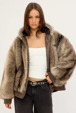 Cast Hooded Zip Through Faux Fur Jacket Light Brown