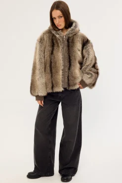 Cast Hooded Zip Through Faux Fur Jacket Light Brown