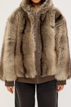 Cast Hooded Zip Through Faux Fur Jacket Light Brown
