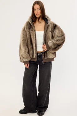 Cast Hooded Zip Through Faux Fur Jacket Light Brown