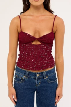 Celina Sequin Lace Cami Top Burgundy