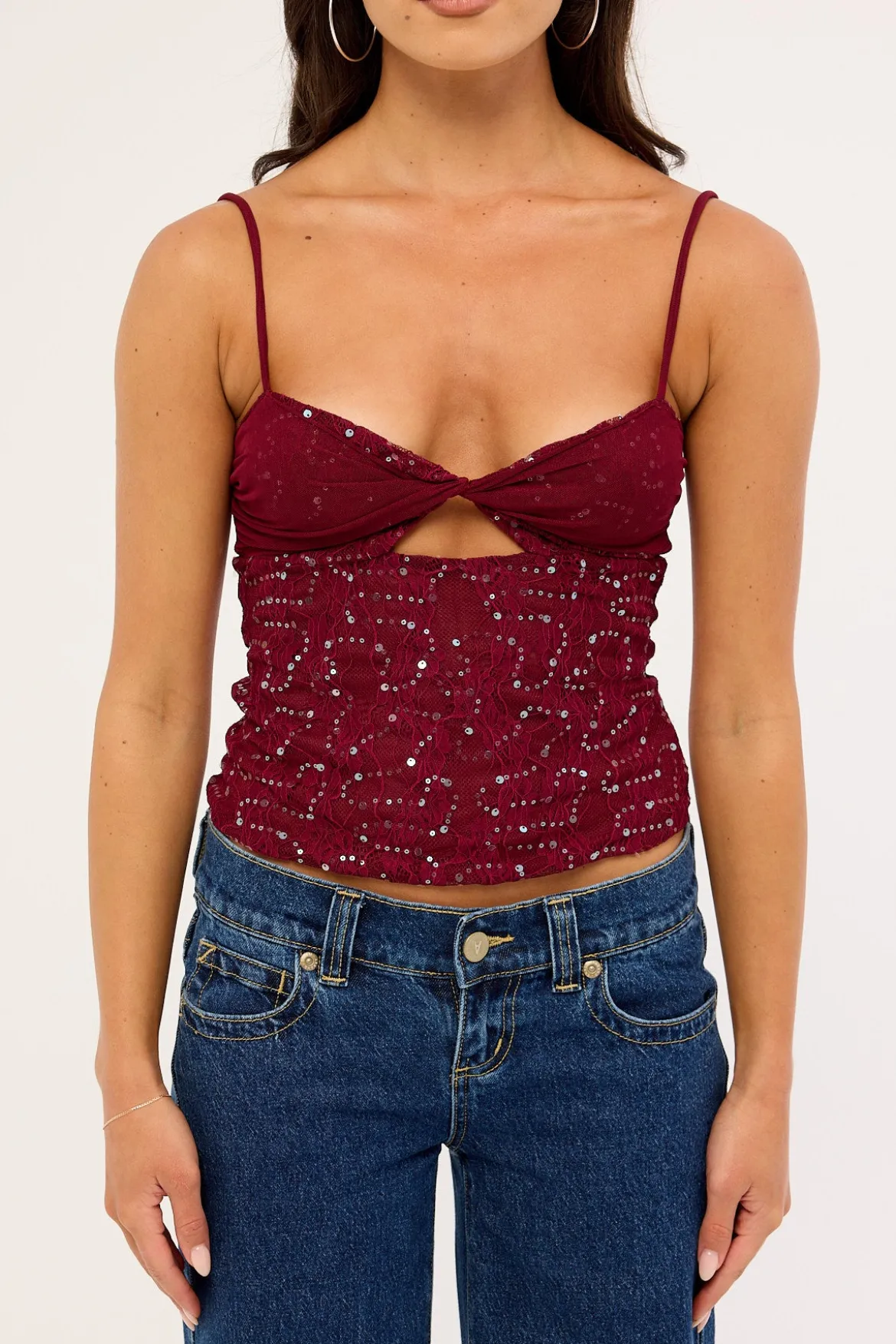 Celina Sequin Lace Cami Top Burgundy