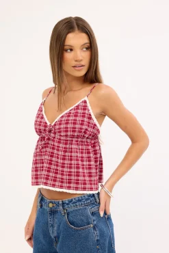 Charly Check Cami Top Burgundy Check