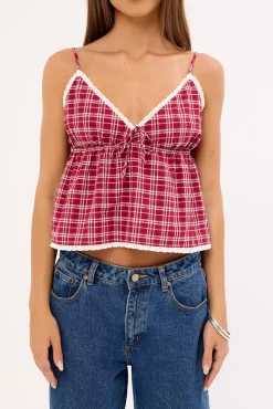Charly Check Cami Top Burgundy Check