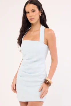Claire Linen Halter Mini Dress Blue
