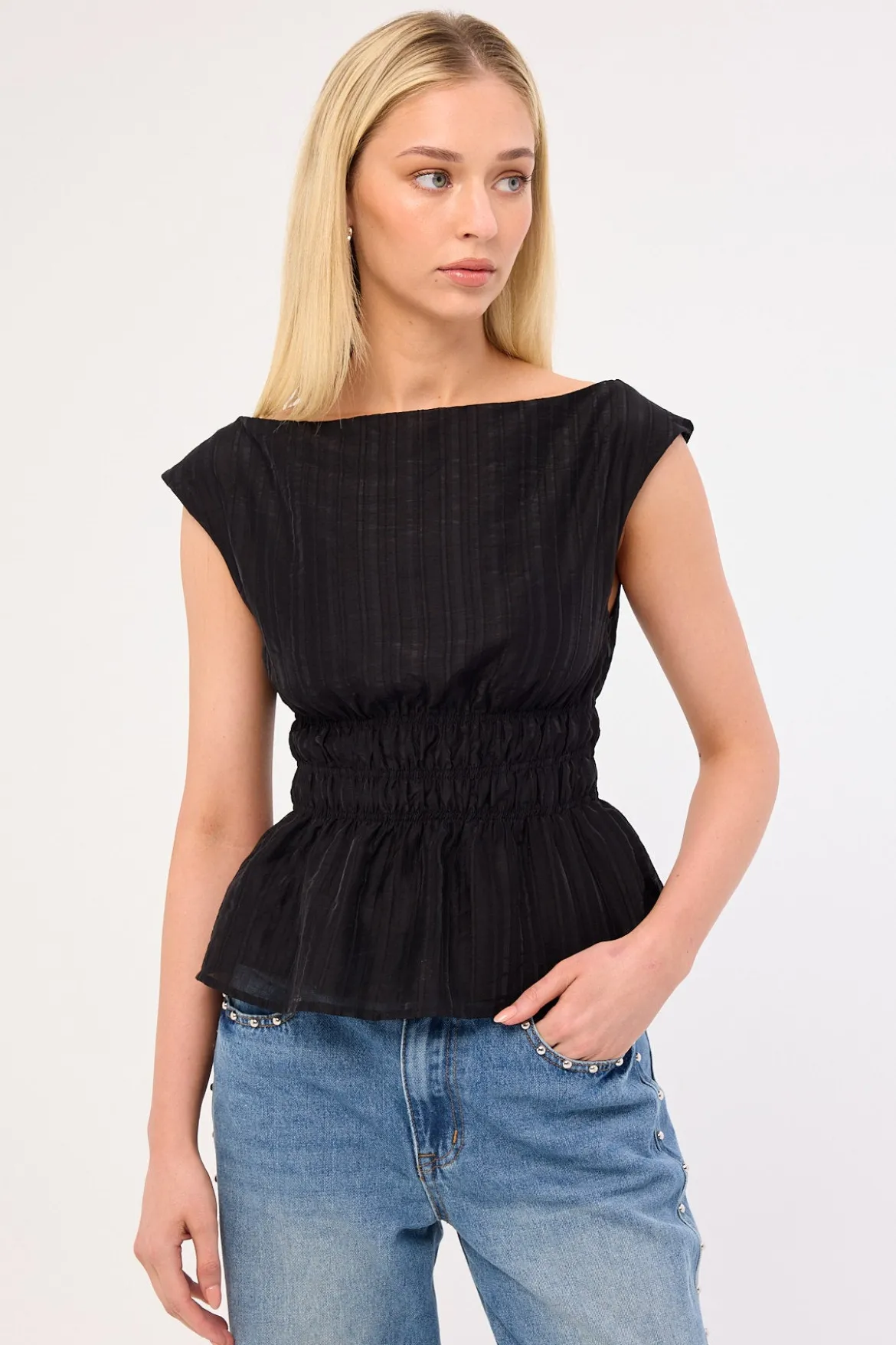 Claudette Shirred Top Black