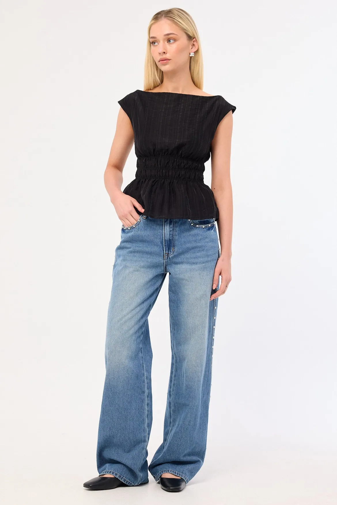 Claudette Shirred Top Black