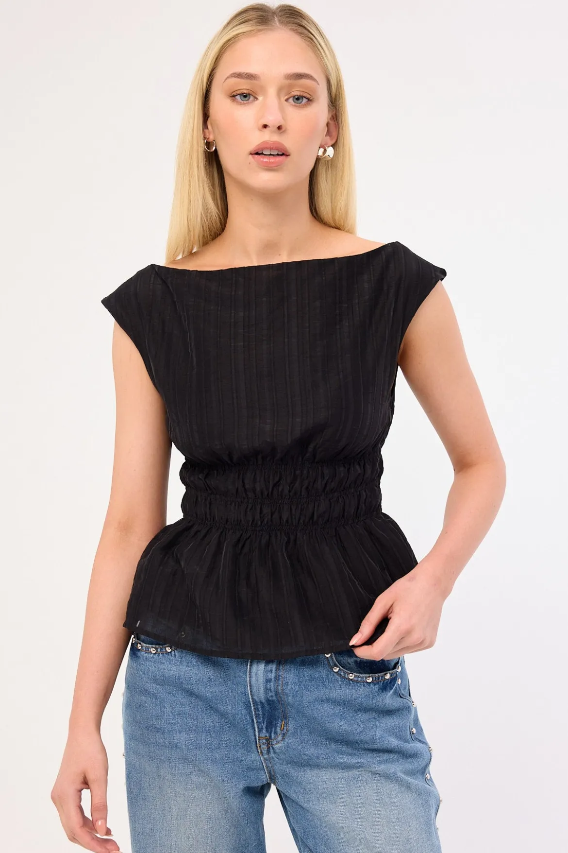 Claudette Shirred Top Black