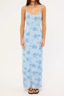 Claudia Lace Up Flocking Maxi Dress Blue
