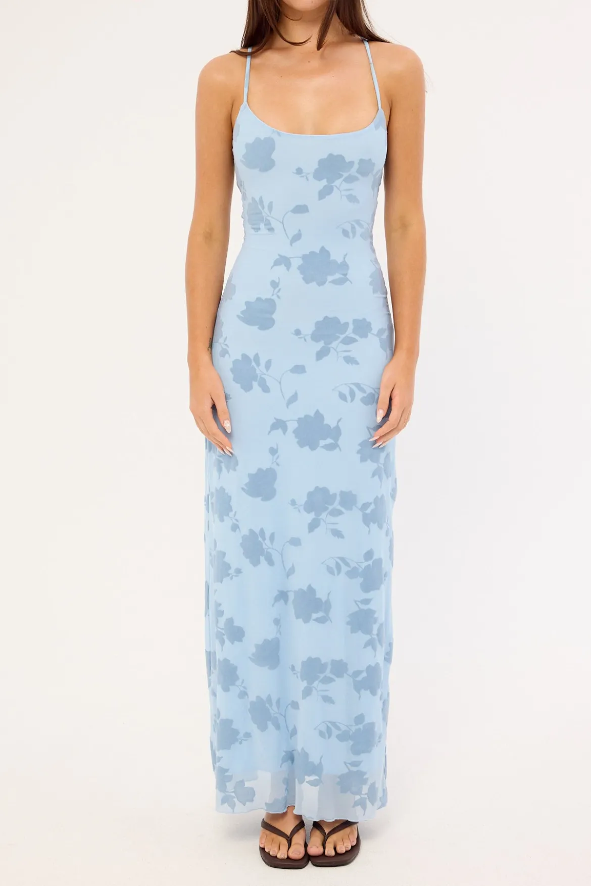 Claudia Lace Up Flocking Maxi Dress Blue
