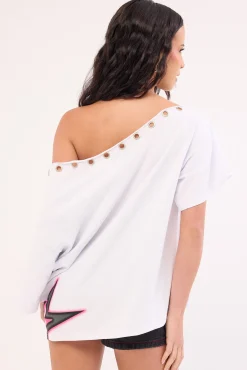Cold Signal Off Shoulder Relaxed Tee White