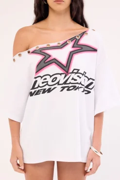 Cold Signal Off Shoulder Relaxed Tee White