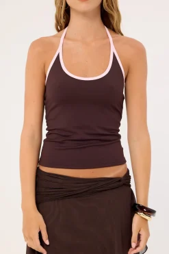 Contrast Bind Halter Top Brown