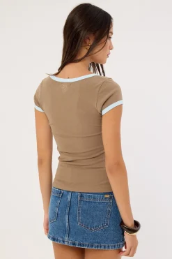 Contrast Bind V-neck Tee Taupe