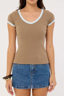 Contrast Bind V-neck Tee Taupe