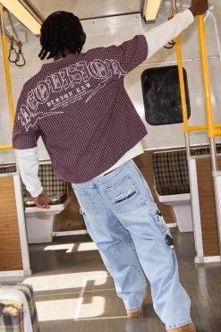 Corrode Oversize Check Cropped Shirt Burgundy Check