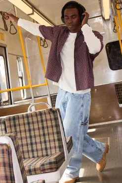 Corrode Oversize Check Cropped Shirt Burgundy Check