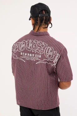 Corrode Oversize Check Cropped Shirt Burgundy Check