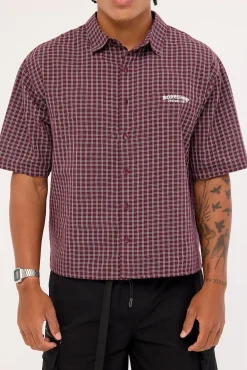 Corrode Oversize Check Cropped Shirt Burgundy Check