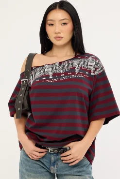 Corrupt Off Shoulder Relaxed Tee Burgundy Stripe