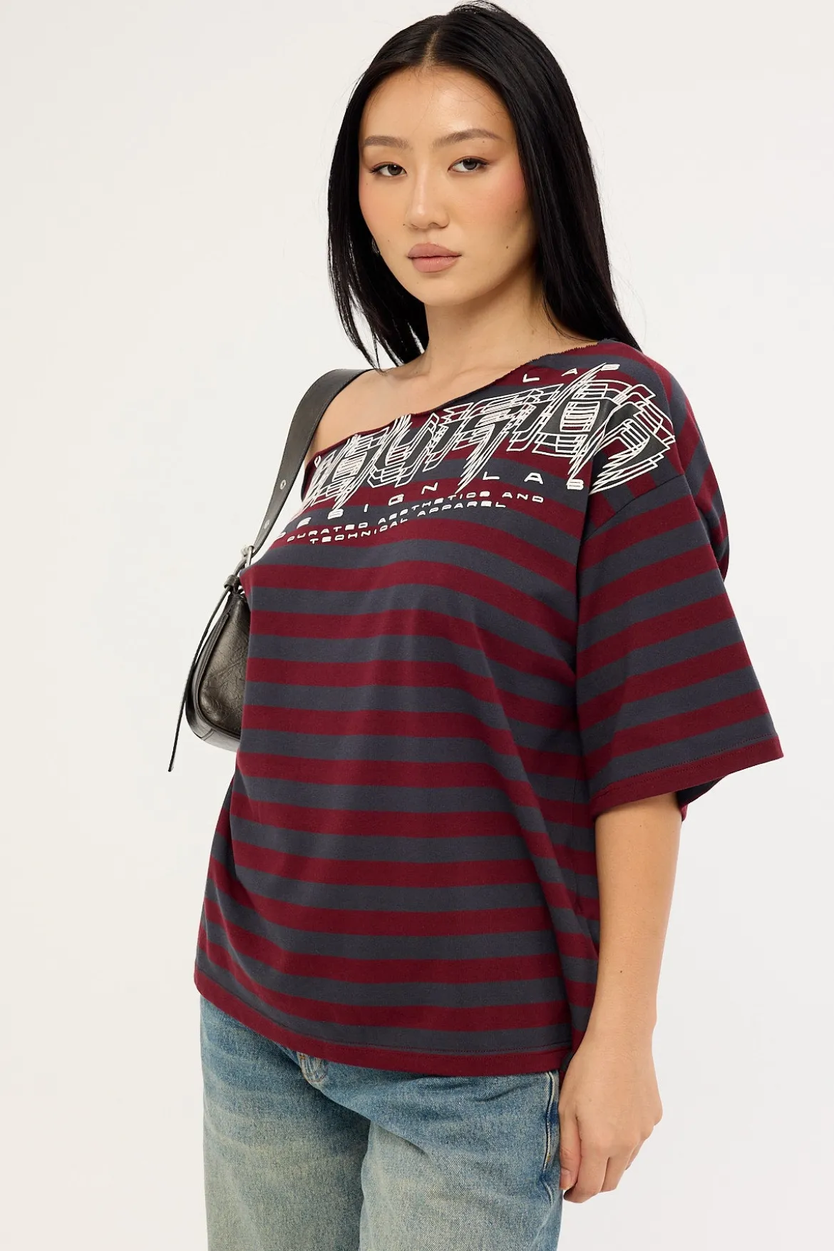 Corrupt Off Shoulder Relaxed Tee Burgundy Stripe