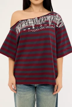 Corrupt Off Shoulder Relaxed Tee Burgundy Stripe