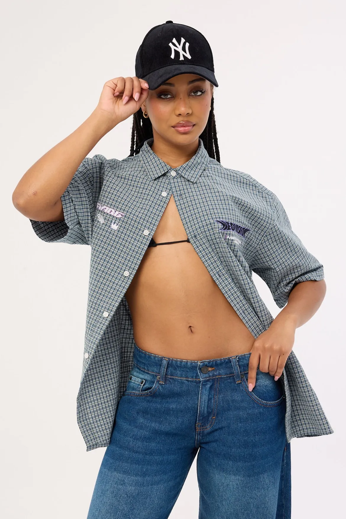 Craze Check Oversize Organic Short Sleeve Shirt Green/Blue