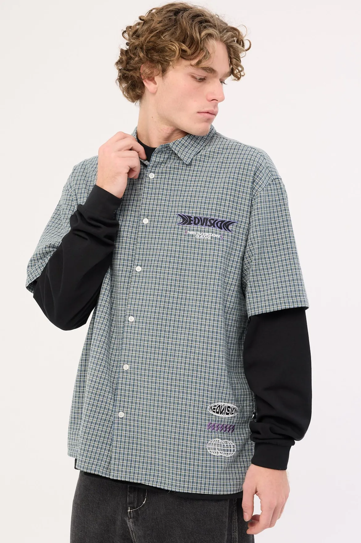 Craze Check Oversize Organic Short Sleeve Shirt Green/Blue