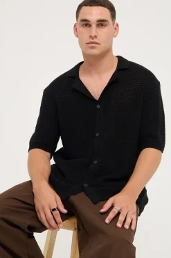 Crochet Boxy Resort Shirt Black