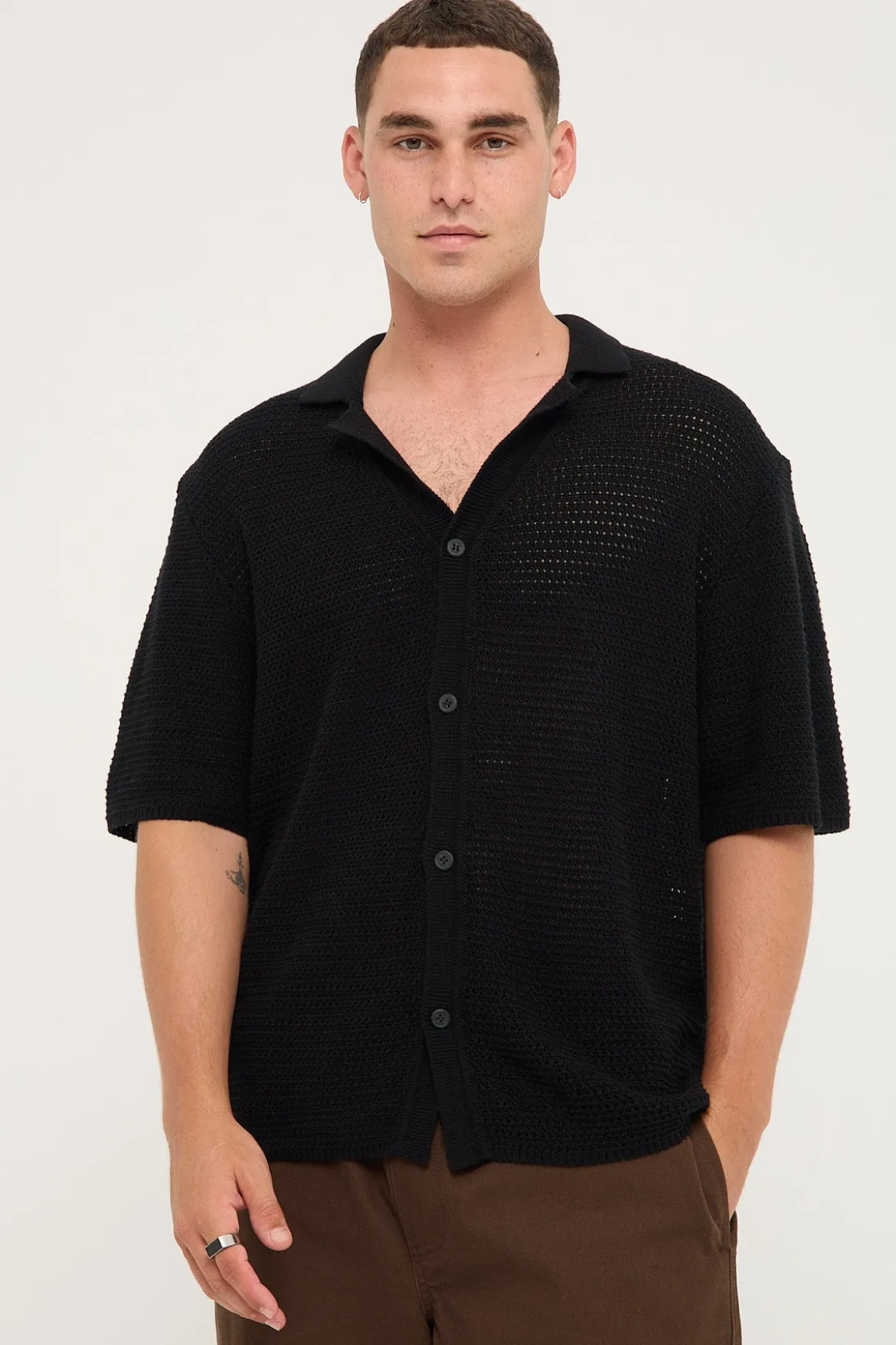 Crochet Boxy Resort Shirt Black