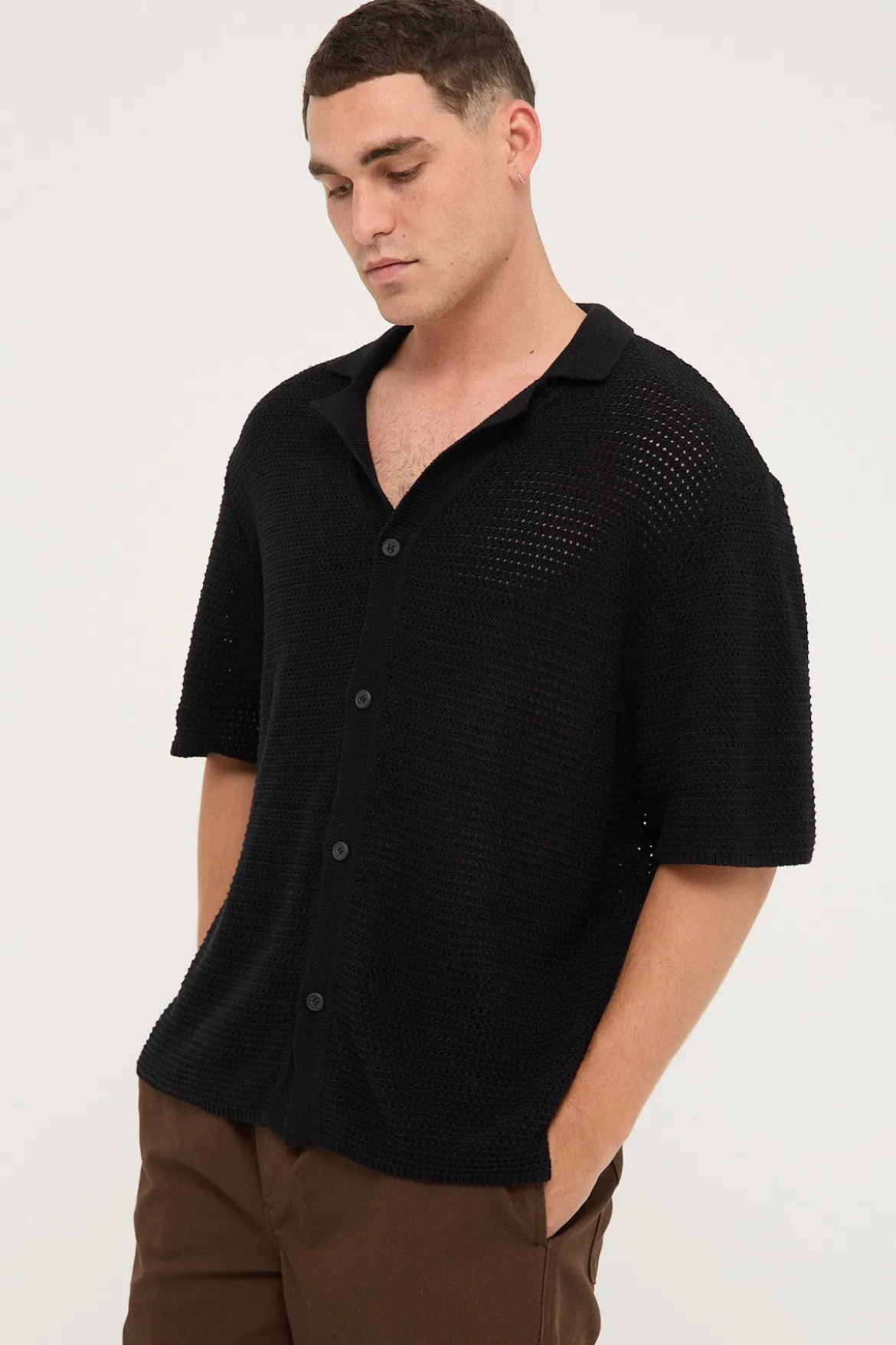 Crochet Boxy Resort Shirt Black