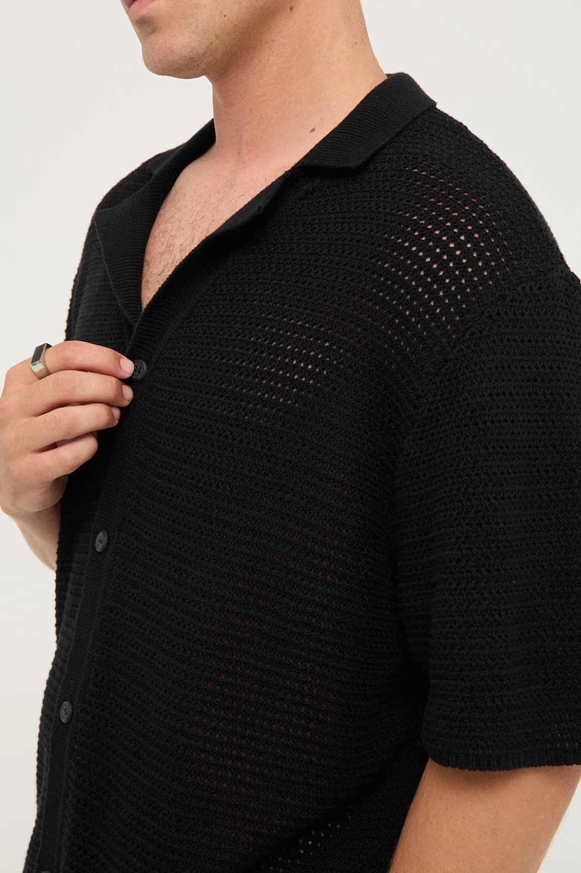 Crochet Boxy Resort Shirt Black