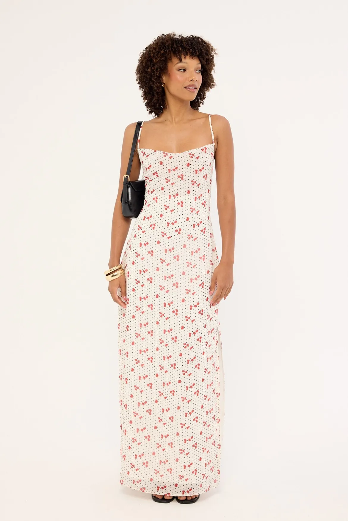 Daisie Polka Lace Up Maxi Dress Off White Print