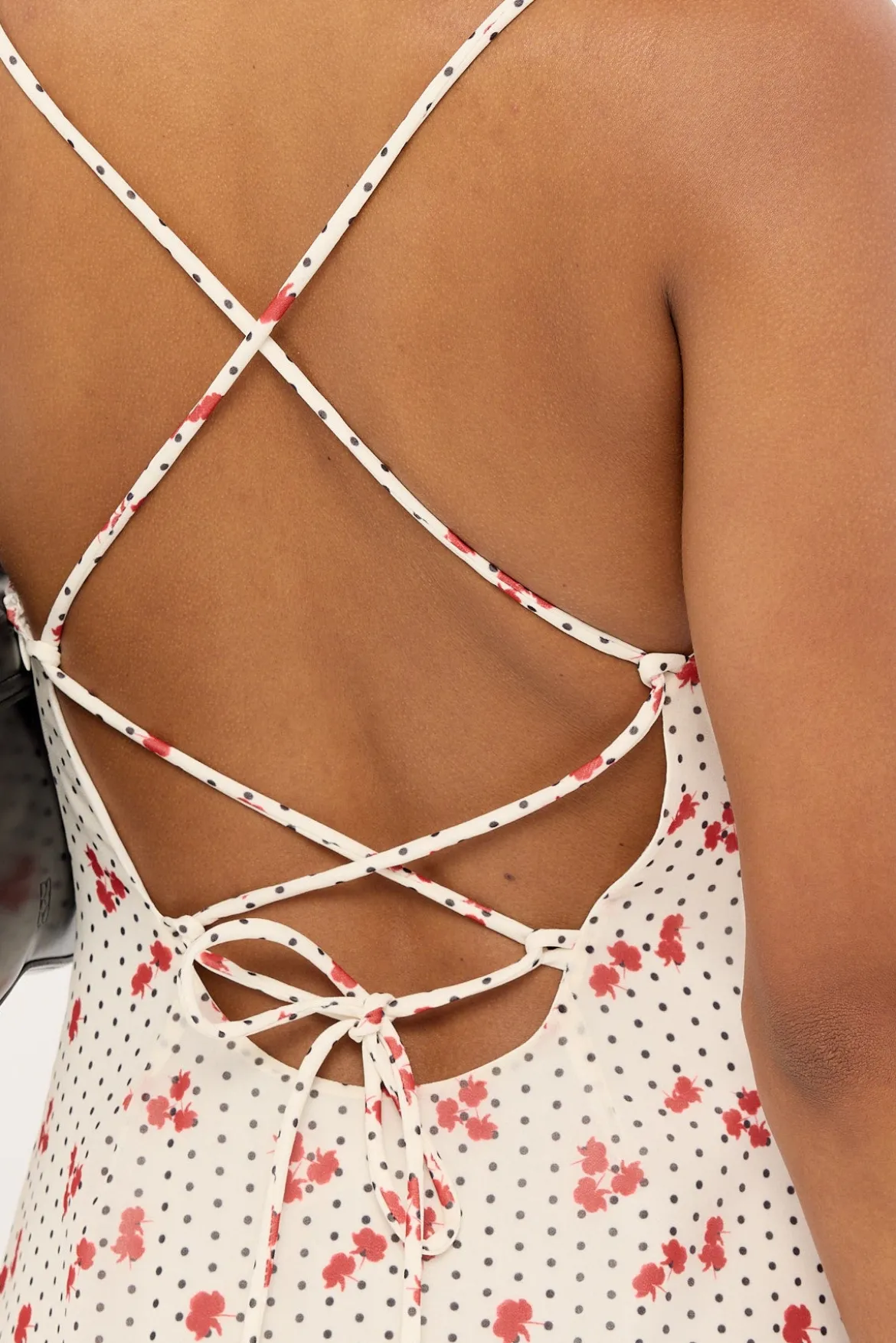 Daisie Polka Lace Up Maxi Dress Off White Print