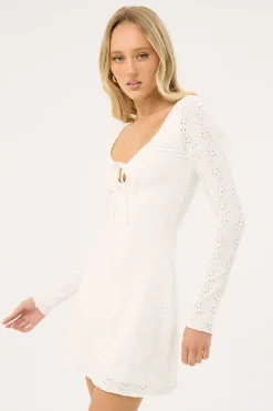 Dala Broderie Long Sleeve Mini Dress White