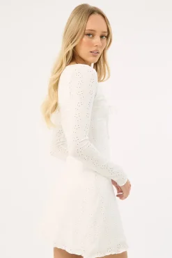 Dala Broderie Long Sleeve Mini Dress White