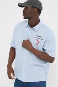Decal Check Oversize Short Sleeve Shirt Blue