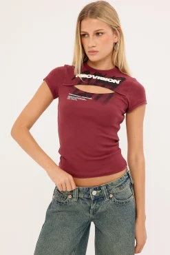 Deface Cut Out Baby Tee Burgundy