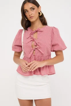 Delilah Tie Front Short Sleeve Blouse Red Print