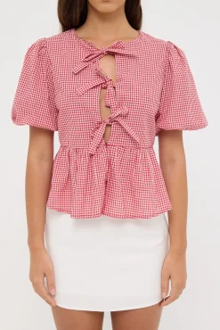 Delilah Tie Front Short Sleeve Blouse Red Print
