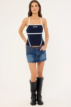 Demi Queen Fitted Cami Top Navy Blue & White