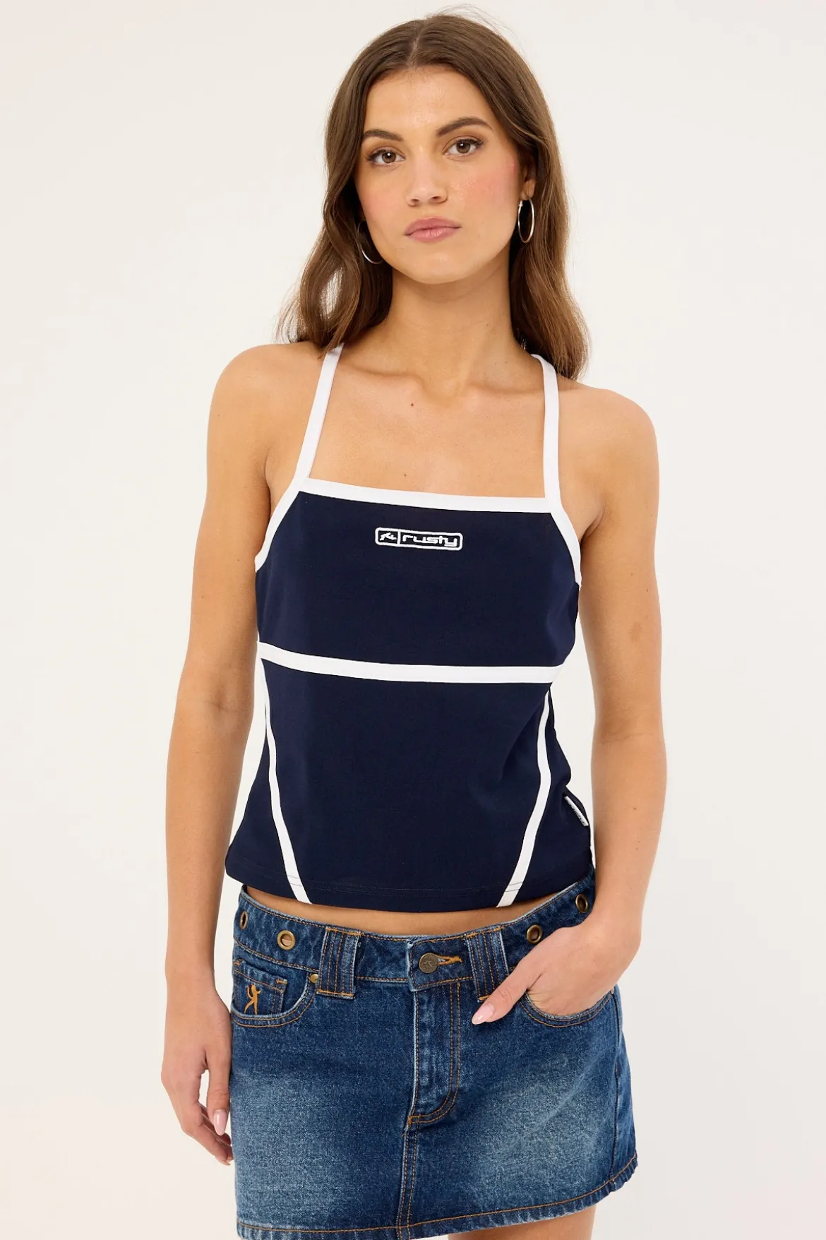 Demi Queen Fitted Cami Top Navy Blue & White