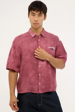 Distortion Oversize Cropped Shirt Washed Red/White Check